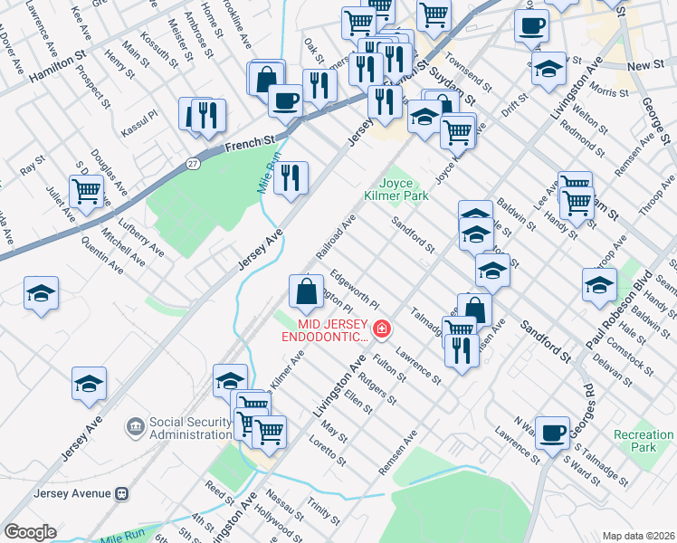map of restaurants, bars, coffee shops, grocery stores, and more near 279 Edgeworth Place in New Brunswick