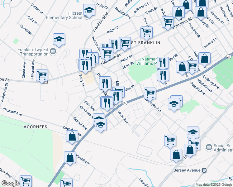 map of restaurants, bars, coffee shops, grocery stores, and more near 16 Millstone Road in Franklin Township