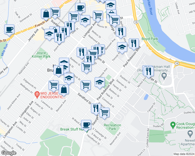 map of restaurants, bars, coffee shops, grocery stores, and more near 123 Throop Avenue in New Brunswick