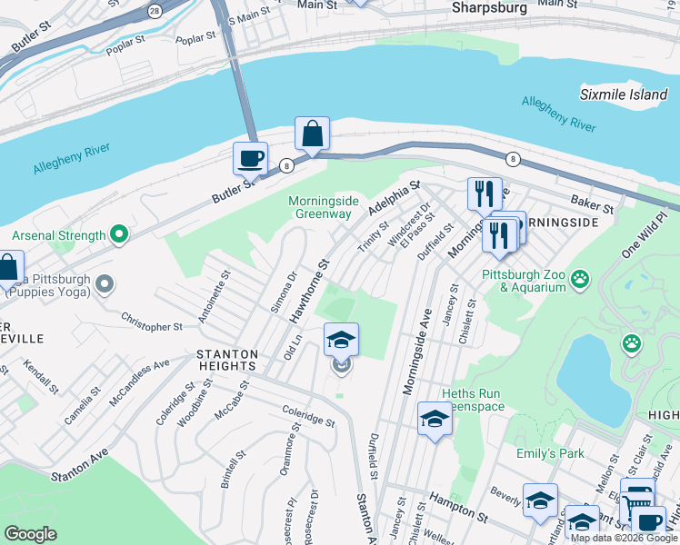 map of restaurants, bars, coffee shops, grocery stores, and more near 1515 Trinity Street in Pittsburgh