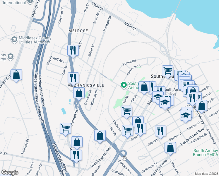 map of restaurants, bars, coffee shops, grocery stores, and more near 7 Weber Terrace in South Amboy