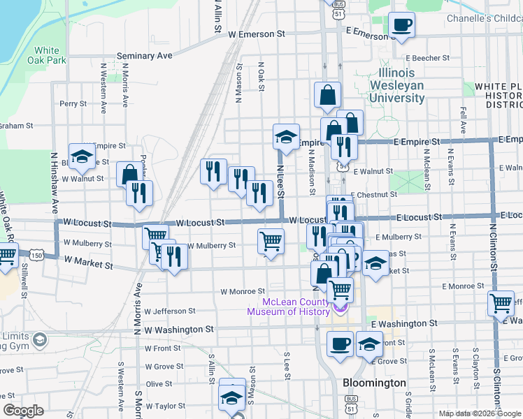map of restaurants, bars, coffee shops, grocery stores, and more near 704 North Oak Street in Bloomington