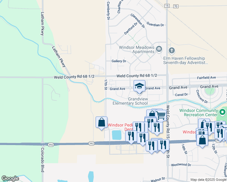 map of restaurants, bars, coffee shops, grocery stores, and more near 1687 Grand Avenue in Windsor