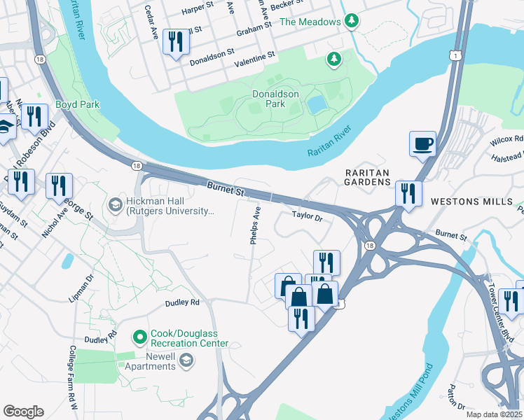 map of restaurants, bars, coffee shops, grocery stores, and more near 20 Phelps Avenue in New Brunswick
