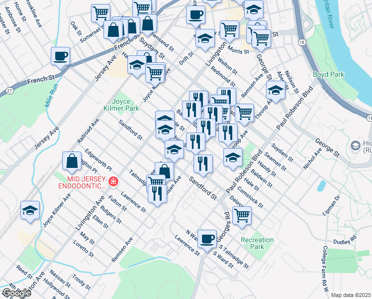 map of restaurants, bars, coffee shops, grocery stores, and more near 193 Delavan Street in New Brunswick