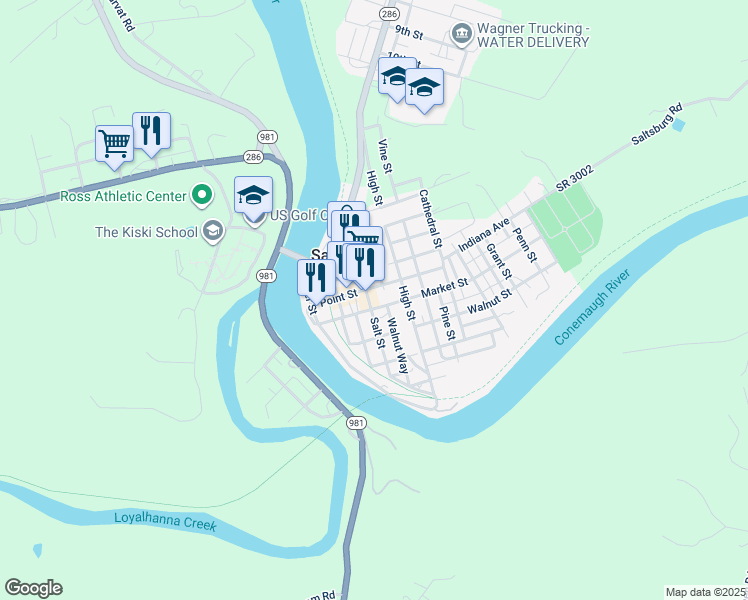 map of restaurants, bars, coffee shops, grocery stores, and more near 612 Salt Street in Saltsburg