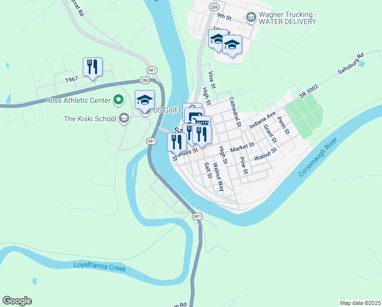 map of restaurants, bars, coffee shops, grocery stores, and more near 115 Point Street in Saltsburg