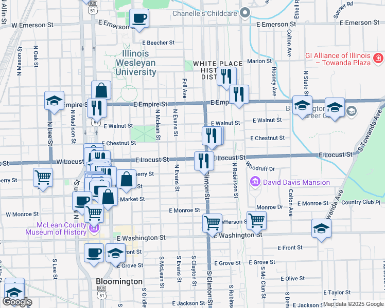 map of restaurants, bars, coffee shops, grocery stores, and more near 510 East Locust Street in Bloomington