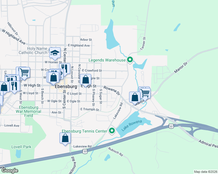 map of restaurants, bars, coffee shops, grocery stores, and more near 703 East High Street in Ebensburg