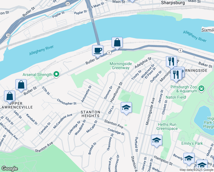 map of restaurants, bars, coffee shops, grocery stores, and more near 1448 Woodbine Street in Pittsburgh