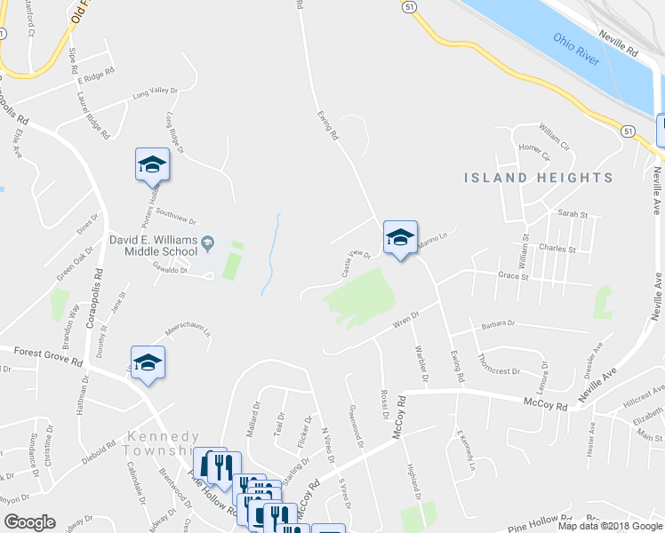 map of restaurants, bars, coffee shops, grocery stores, and more near 56 Castle View Drive in McKees Rocks
