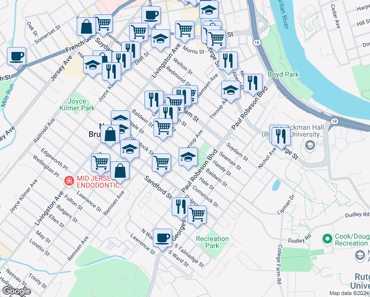 map of restaurants, bars, coffee shops, grocery stores, and more near 121 Throop Avenue in New Brunswick