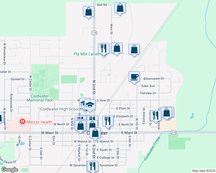 map of restaurants, bars, coffee shops, grocery stores, and more near 303 Northview Drive in Coldwater