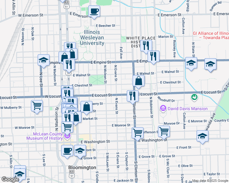 map of restaurants, bars, coffee shops, grocery stores, and more near 804 North Evans Street in Bloomington