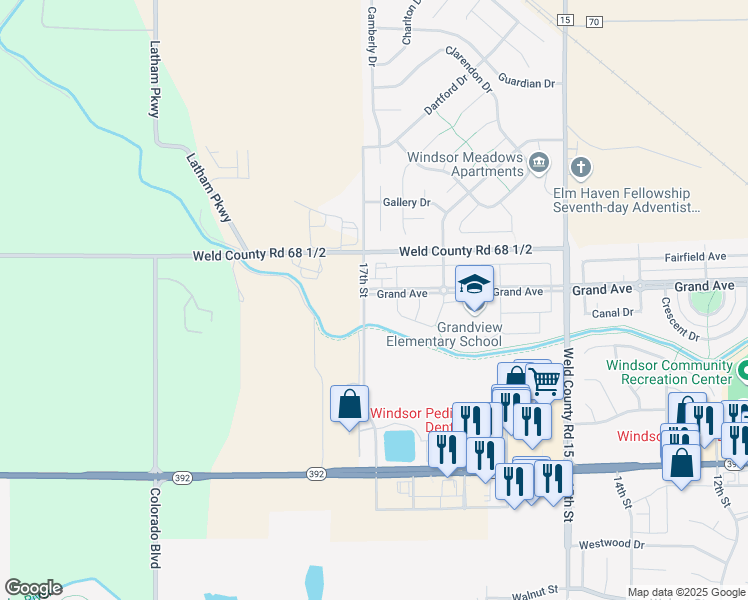 map of restaurants, bars, coffee shops, grocery stores, and more near 1691 Grand Avenue in Windsor