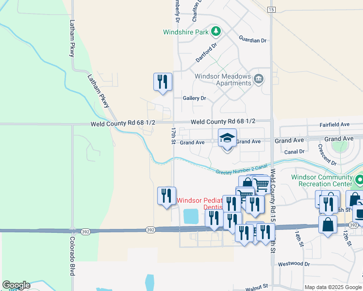 map of restaurants, bars, coffee shops, grocery stores, and more near 1687 Grand Avenue in Windsor