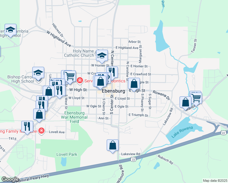map of restaurants, bars, coffee shops, grocery stores, and more near 102 South Center Street in Ebensburg