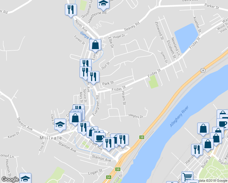 map of restaurants, bars, coffee shops, grocery stores, and more near 108 Friday Rd in Pittsburgh