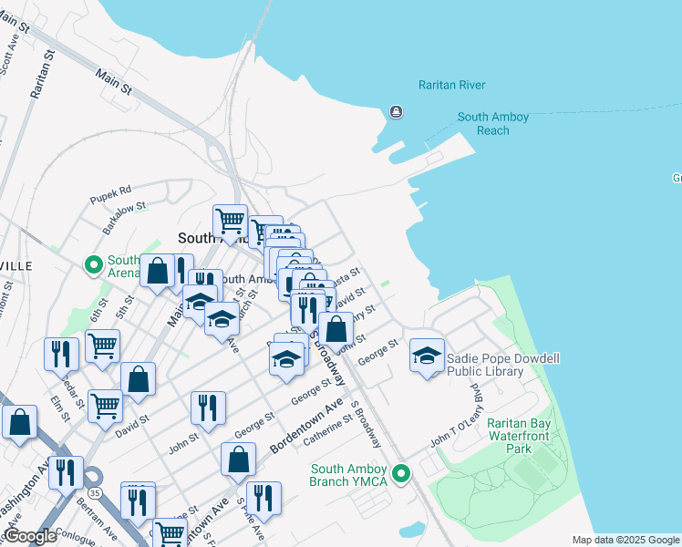 map of restaurants, bars, coffee shops, grocery stores, and more near 120 Augusta Street in South Amboy