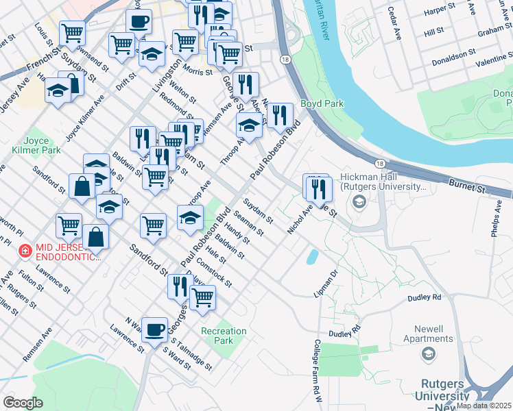 map of restaurants, bars, coffee shops, grocery stores, and more near 53 Suydam Street in New Brunswick
