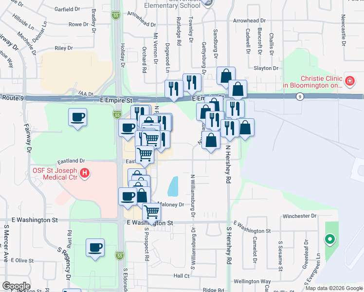 map of restaurants, bars, coffee shops, grocery stores, and more near 15 Revolutionary Square in Bloomington