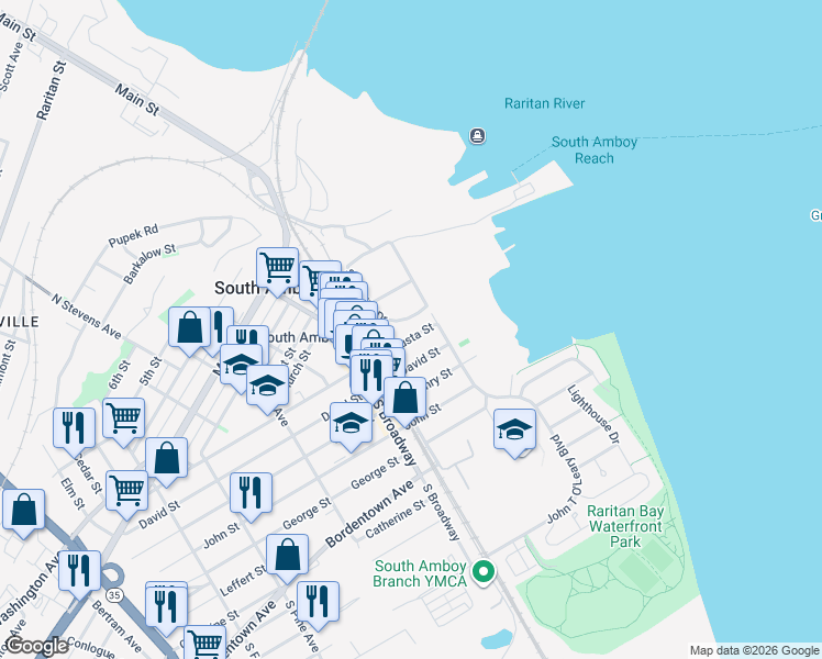 map of restaurants, bars, coffee shops, grocery stores, and more near 120 Augusta Street in South Amboy