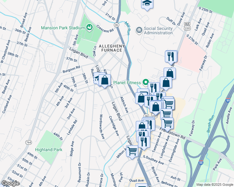 map of restaurants, bars, coffee shops, grocery stores, and more near 112 Aldrich Avenue in Altoona