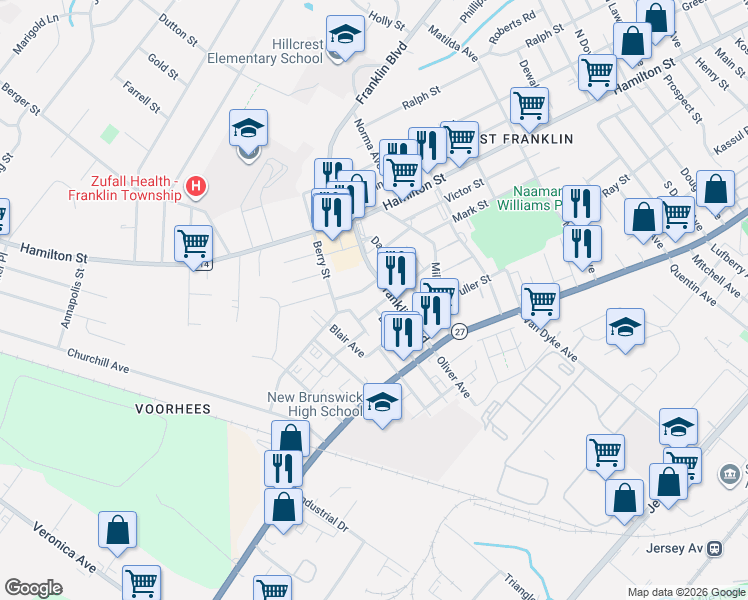 map of restaurants, bars, coffee shops, grocery stores, and more near 117 Frank Street in Franklin Township