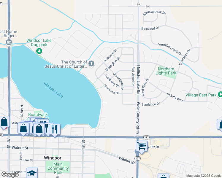map of restaurants, bars, coffee shops, grocery stores, and more near 134 Veronica Drive in Windsor