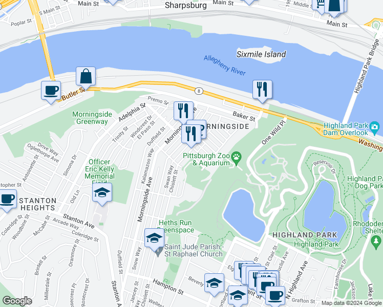 map of restaurants, bars, coffee shops, grocery stores, and more near 1736 Chislett Street in Pittsburgh