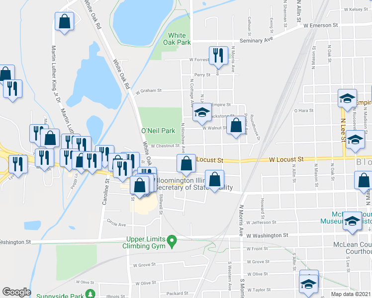map of restaurants, bars, coffee shops, grocery stores, and more near 1416 West Chestnut Street in Bloomington