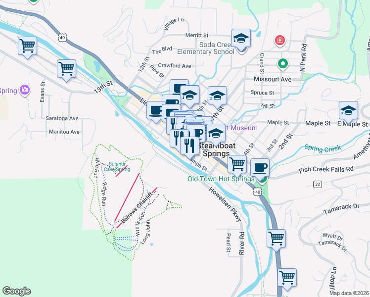 map of restaurants, bars, coffee shops, grocery stores, and more near 700 Yampa Street in Steamboat Springs