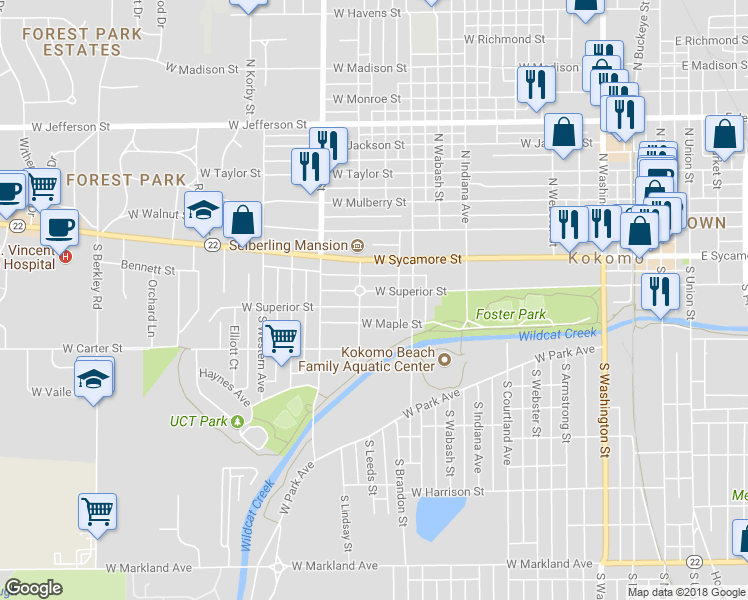 map of restaurants, bars, coffee shops, grocery stores, and more near 1115 W Superior St in Kokomo