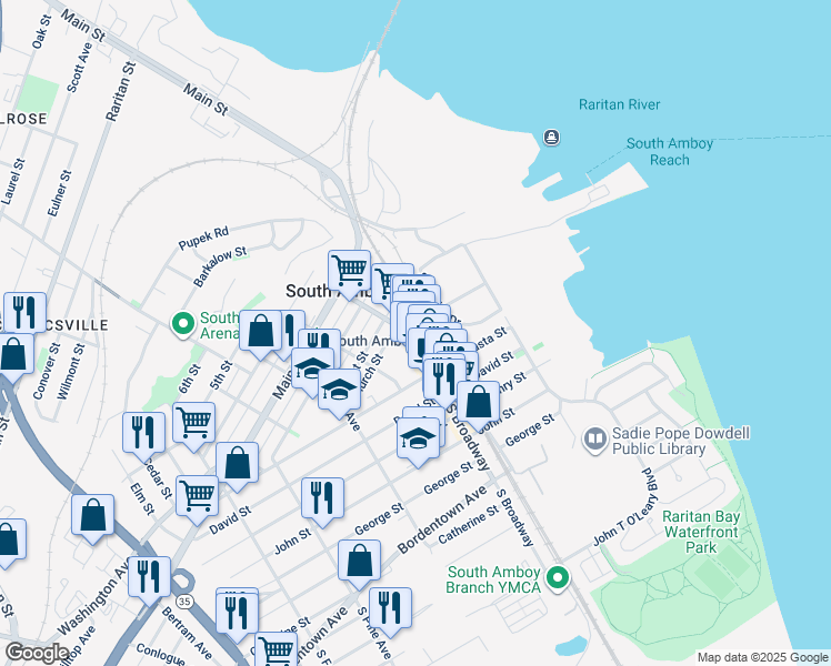 map of restaurants, bars, coffee shops, grocery stores, and more near 139-145 South Broadway in South Amboy