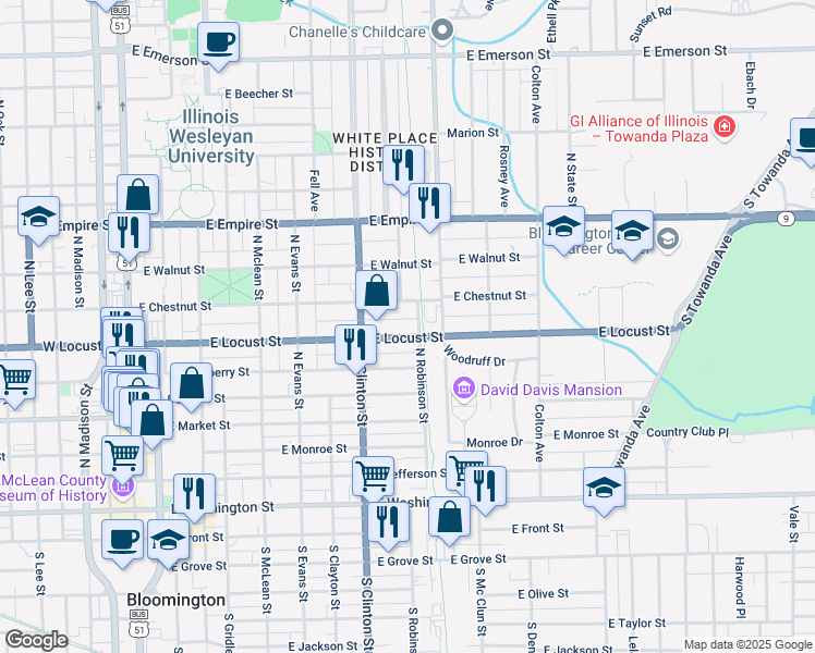 map of restaurants, bars, coffee shops, grocery stores, and more near 620 E Locust St in Bloomington