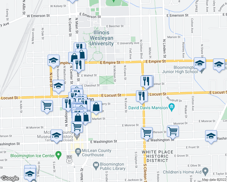map of restaurants, bars, coffee shops, grocery stores, and more near 804 N Mclean St in Bloomington