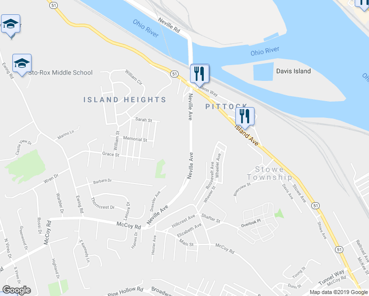 map of restaurants, bars, coffee shops, grocery stores, and more near 71 Neville Avenue in McKees Rocks