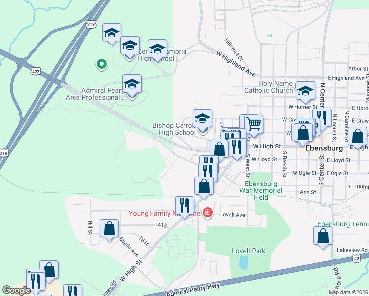 map of restaurants, bars, coffee shops, grocery stores, and more near 799 Benjamin Franklin Hwy in Ebensburg