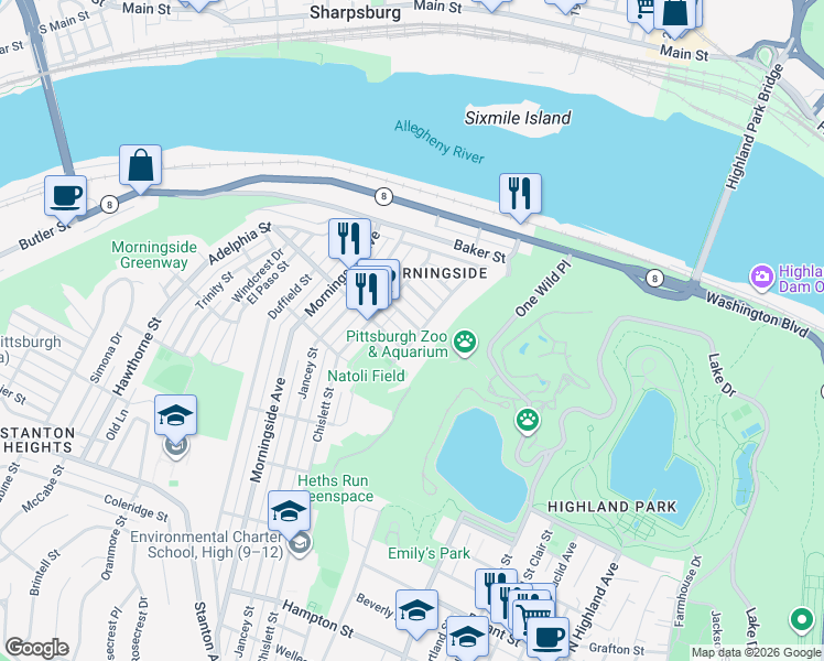 map of restaurants, bars, coffee shops, grocery stores, and more near 6936 Bishop Street in Pittsburgh