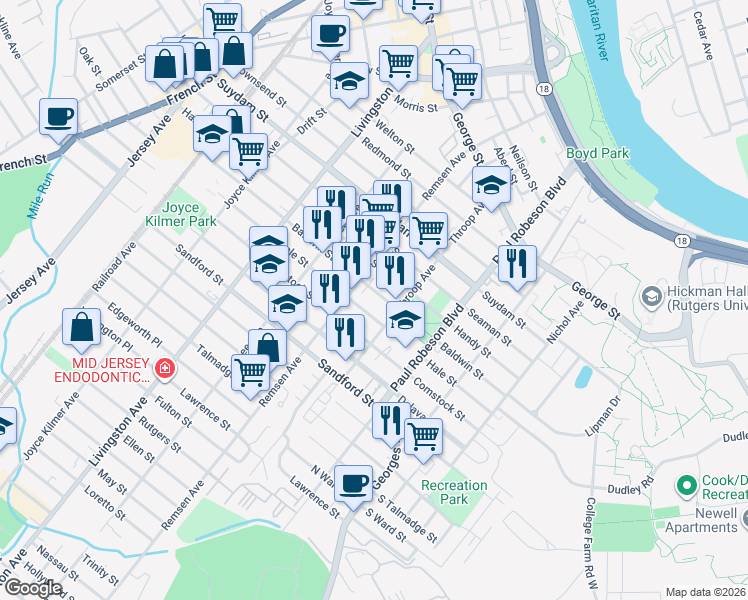 map of restaurants, bars, coffee shops, grocery stores, and more near 147 Hale Street in New Brunswick