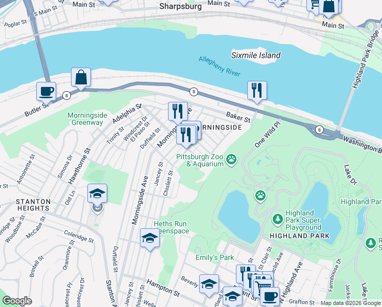 map of restaurants, bars, coffee shops, grocery stores, and more near 1736 Chislett Street in Pittsburgh