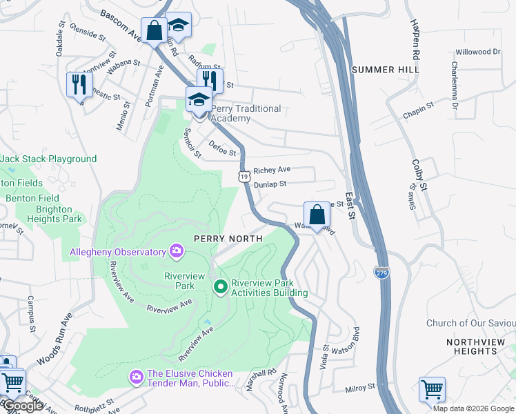 map of restaurants, bars, coffee shops, grocery stores, and more near 24 Perrysville Avenue in Pittsburgh
