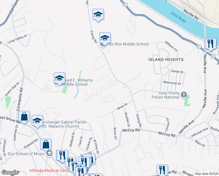 map of restaurants, bars, coffee shops, grocery stores, and more near 13 Castle View Drive in McKees Rocks
