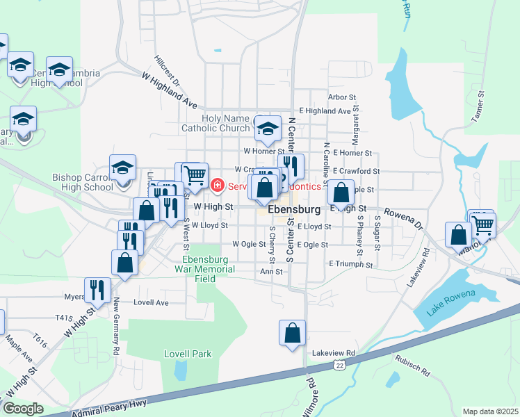 map of restaurants, bars, coffee shops, grocery stores, and more near 398 W High St in Ebensburg