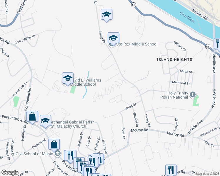 map of restaurants, bars, coffee shops, grocery stores, and more near 56 Castle View Drive in McKees Rocks