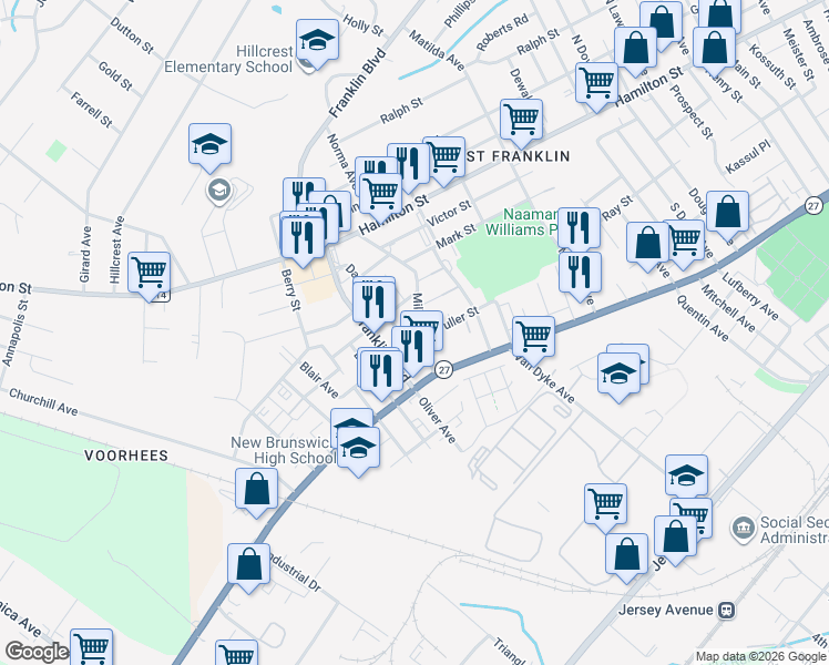 map of restaurants, bars, coffee shops, grocery stores, and more near 16 Millstone Road in Franklin Township