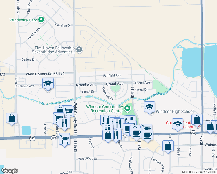 map of restaurants, bars, coffee shops, grocery stores, and more near 1225 Founders Circle in Windsor
