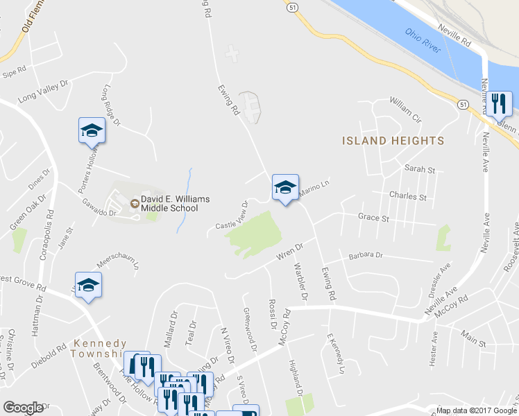 map of restaurants, bars, coffee shops, grocery stores, and more near 13 Castle View Drive in McKees Rocks
