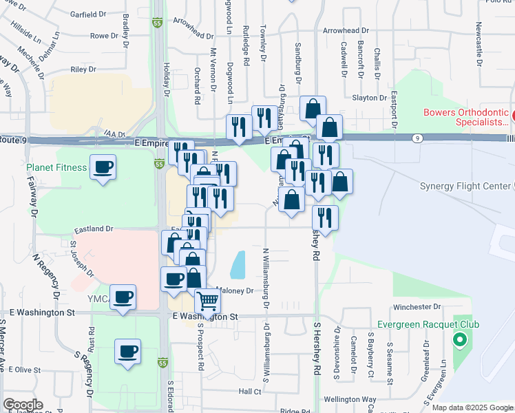 map of restaurants, bars, coffee shops, grocery stores, and more near 21 Revolutionary Square in Bloomington