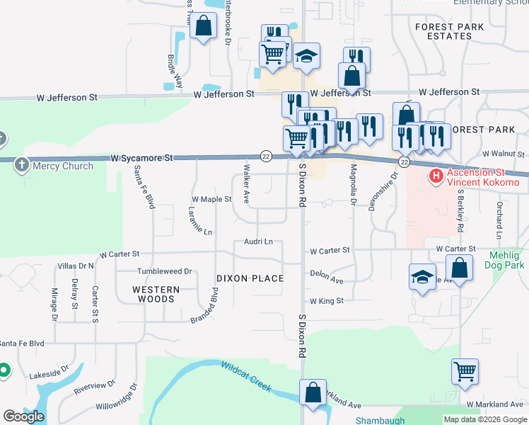 map of restaurants, bars, coffee shops, grocery stores, and more near 2537 Walker Avenue in Kokomo